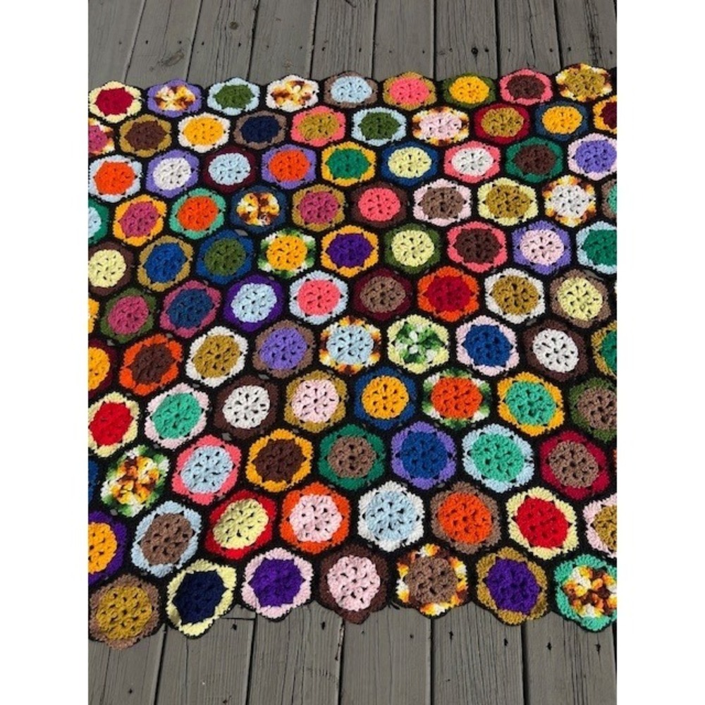 Vintage Handmade Crochet Hexagon Afghan Blanket Multi Color Granny Square Throw - Picture 5 of 14